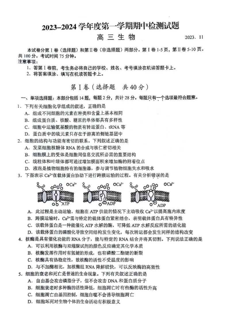 生物(1)_2023年11月_0211月合集_2024届江苏省扬州市高三上学期11月期中检测_江苏省扬州市2024届高三上学期11月期中检测生物