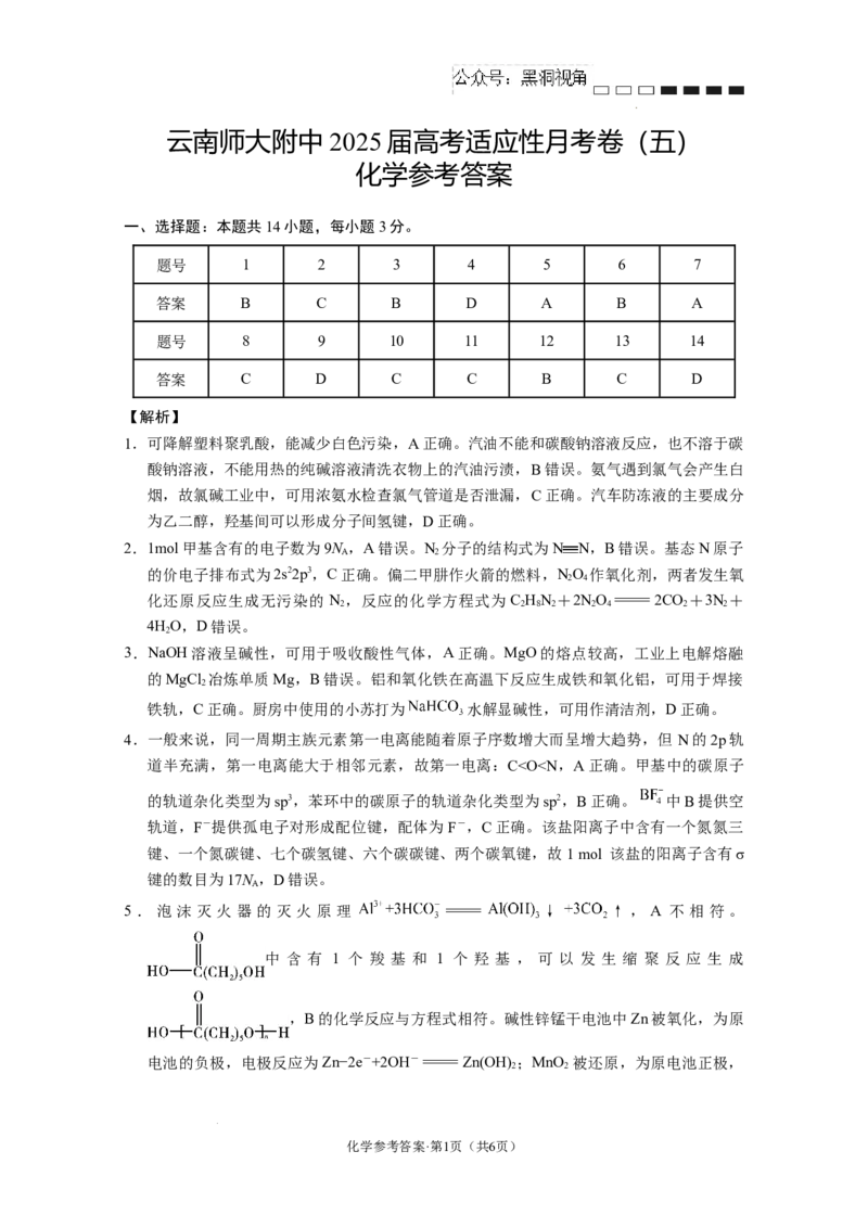云南省云南师范大学附属中学2024-2025学年高考适应性月考卷（五）化学答案_2024-2025高三（6-6月题库）_2024年11月试卷