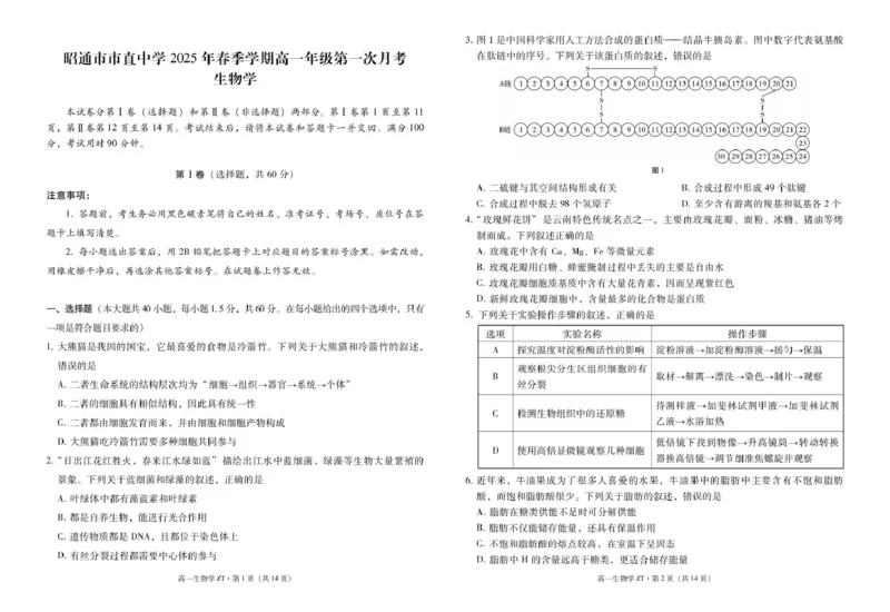 昭通市市直中学2025年春季学期高一年级第一次月考生物-试卷_2024-2025高二（7-7月题库）_2025年04月试卷(1)_0403云南省昭通市市直中学2024-2025学年高二下学期3月第一次月考