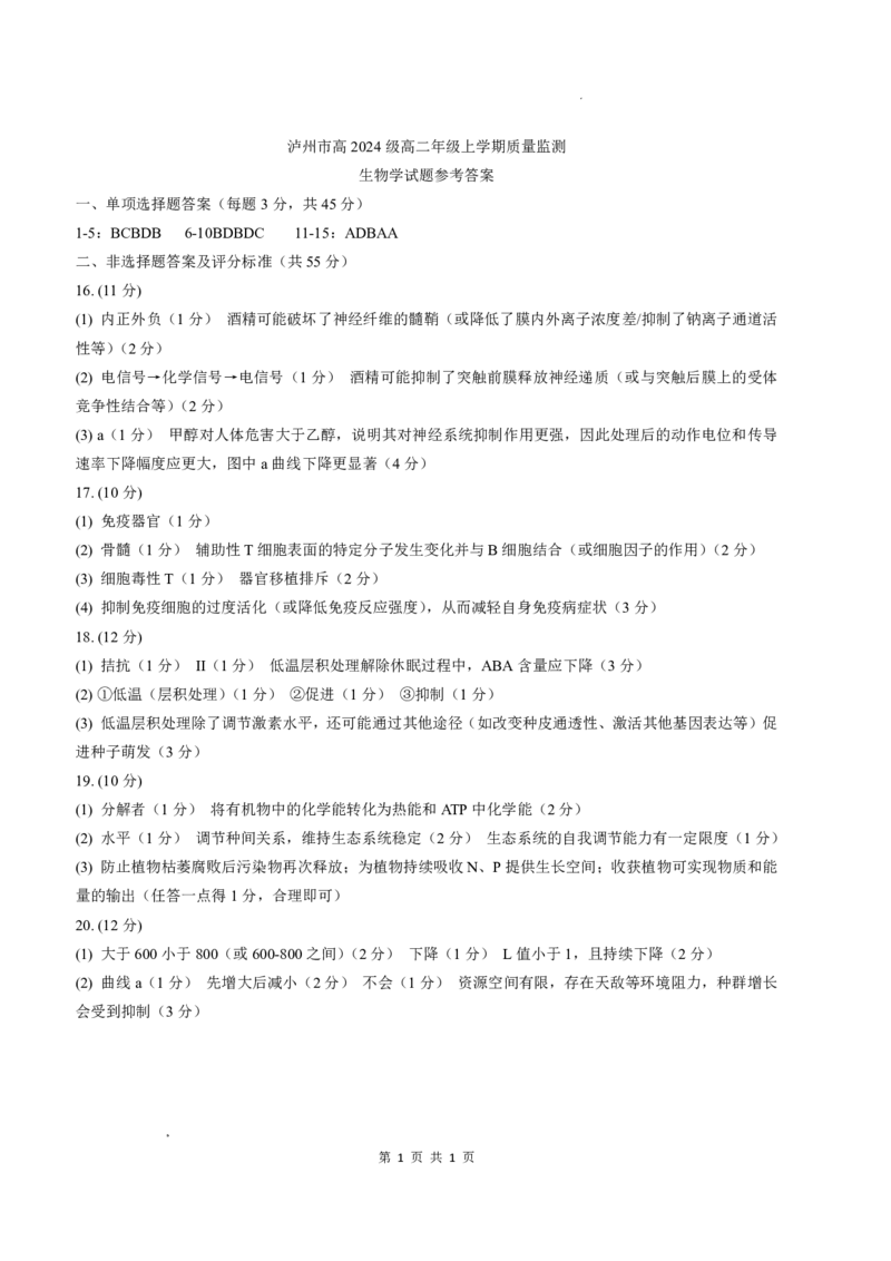 泸州市高2024级高二年级上学期质量监测试题生物答案_2024-2025高二（7-7月题库）_2026年1月高二_260131四川省泸州市2025-2026学年高二上学期质量监测试题（全）