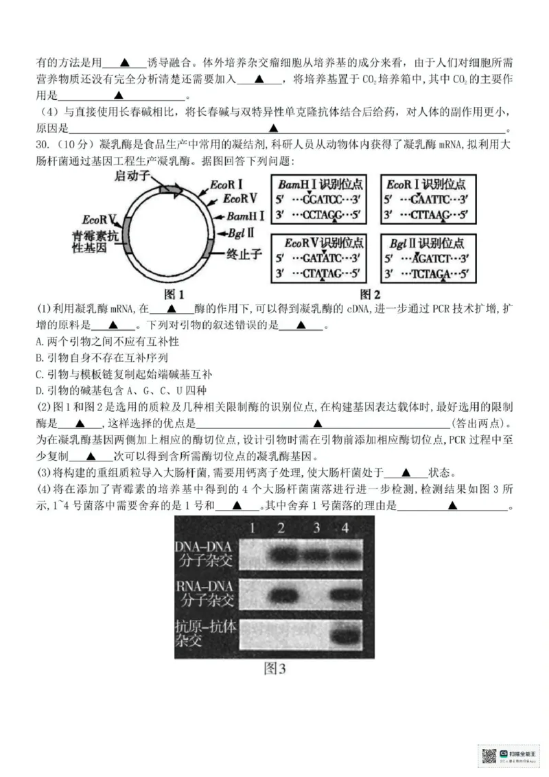 浙江省台州十校联盟2024-2025学年高二下学期4月期中生物试题（扫描版有答案）_2024-2025高二（7-7月题库）_2025年05月试卷_0503浙江省台州市十校2024-2025学年高二下学期4月期中考试