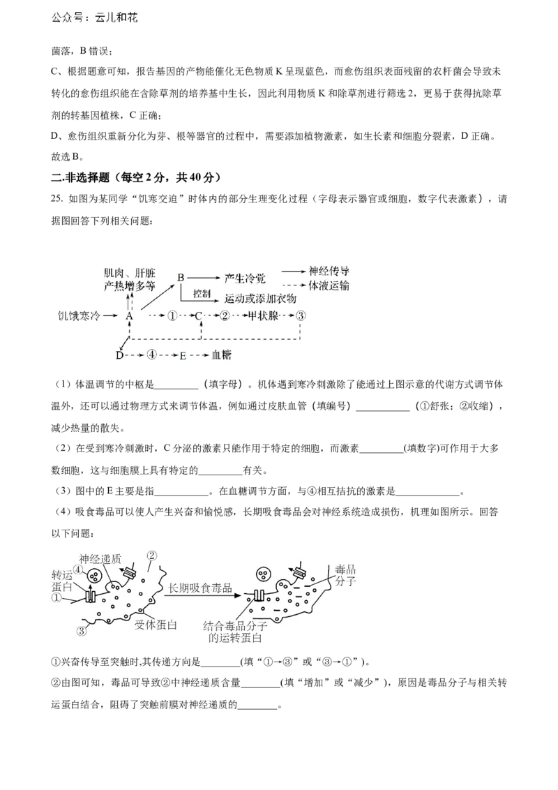 安徽省芜湖市镜湖区安徽师范大学附属中学2023-2024学年高二下学期6月测试生物试题（含答案）_2024-2025高二（7-7月题库）_2024年07月试卷_07022024安徽师范大学附属中学高二下学期6月测试