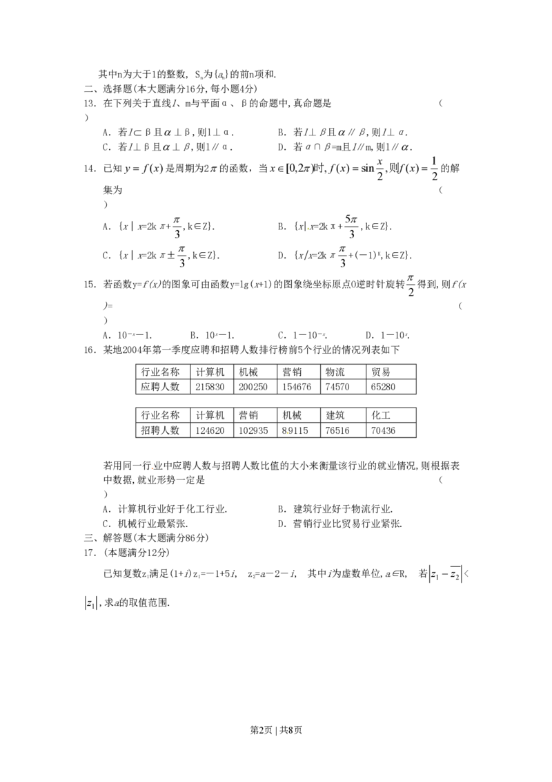 2004年上海高考数学试卷（理）（自主命题）（空白卷）_数学高考真题试卷_旧1990-2007&middot;高考数学真题_1990-2007&middot;高考数学真题&middot;PDF_上海