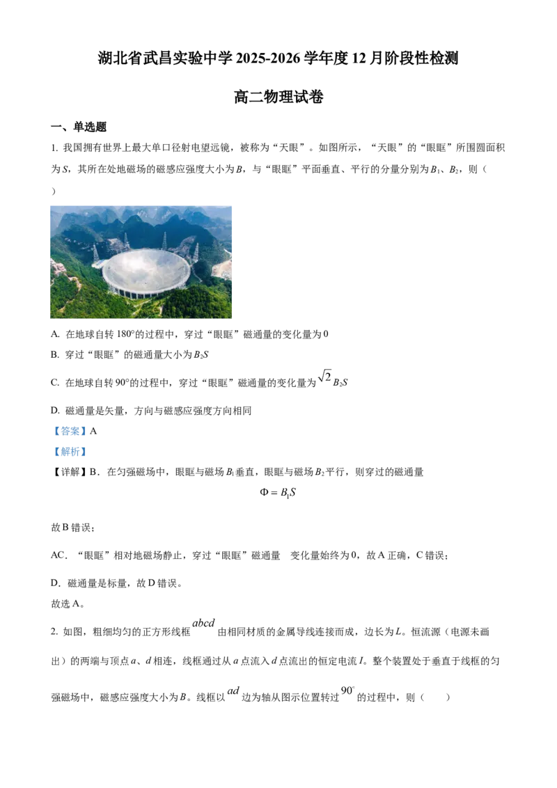 湖北省武昌实验中学2025-2026学年高二上学期12月阶段性检测物理试题Word版含解析_2024-2025高二（7-7月题库）_2026年1月高二_260114湖北省武汉市武昌实验中学2025-2026学年高二上学期12月月考