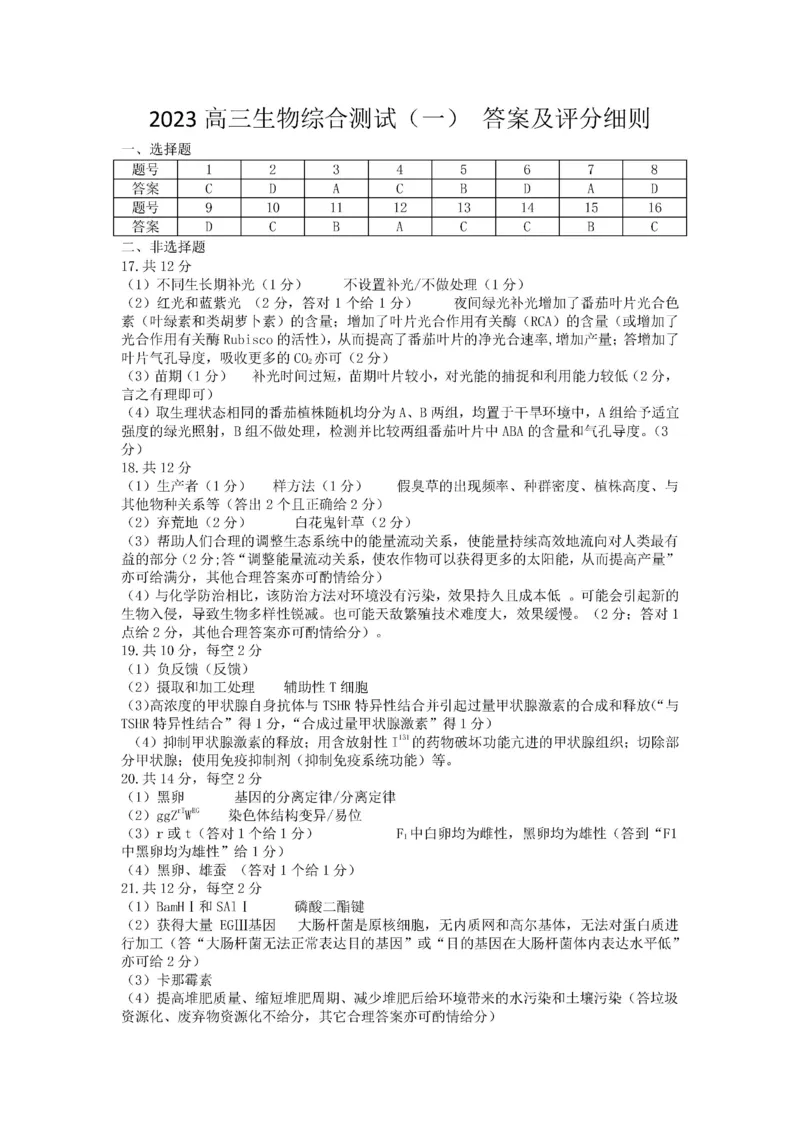 韶关市2024届高三综合测试（一）生物答案(1)_2023年11月_01每日更新_22号_2024届广东省韶关市高三综合测试（一）