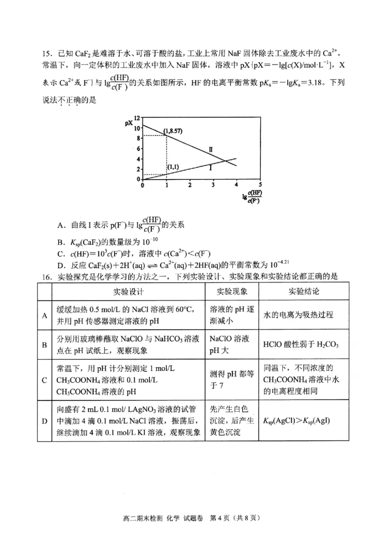 浙江省嘉兴市2024-2025学年高二上学期期末测试化学PDF版含答案_2024-2025高二（7-7月题库）_2025年02月试卷_0227浙江省嘉兴市2024-2025学年高二上学期期末测试