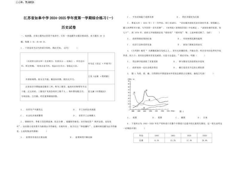 江苏省如皋中学2024-2025学年高三上学期综合练习（一）历史Word版含解析_2024-2025高三（6-6月题库）_2024年10月试卷_1024江苏省如皋中学2024-2025学年高三上学期综合练习（一）