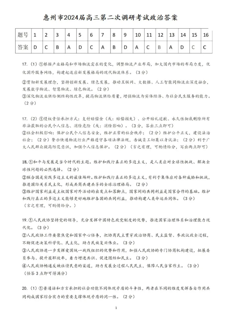 政治答案(1)_2023年11月_0211月合集_2024届广东省惠州市高三第二次调研考试_广东省惠州市2024届高三第二次调研考试政治