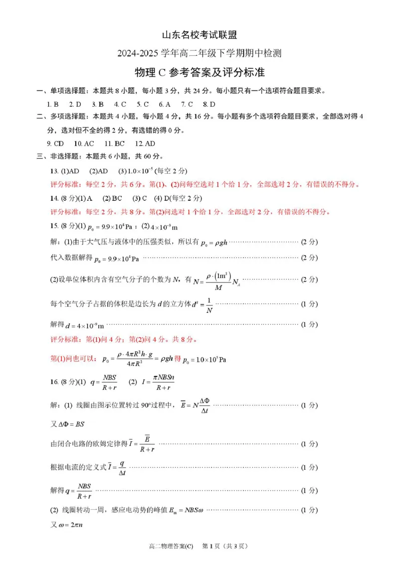 山东省名校考试联盟2024-2025学年高二下学期期中考试物理（C）PDF版含答案_2024-2025高二（7-7月题库）_2025年6月试卷_0612山东省名校考试联盟2024-2025学年高二下学期期中考试