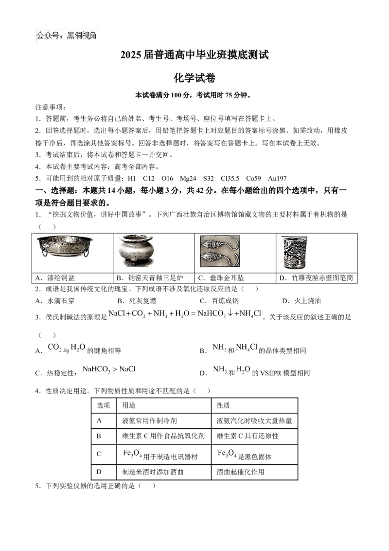 广西七市联考2025届高三上学期毕业班摸底测试化学试卷（含解析）_2024-2025高三（6-6月题库）_2024年10月试卷_1020广西七市普通高中毕业班高三模拟测试（金太阳10月联考）