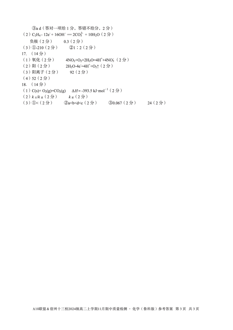 化学鲁科答案A10联盟＆宿州十三校2024级高二上学期11月期中质量检测化学（鲁科版）答案_2025年11月高二试卷_A10联盟2024届高二11月份期中质量检测答案（2025.11.18-2025.11.19）
