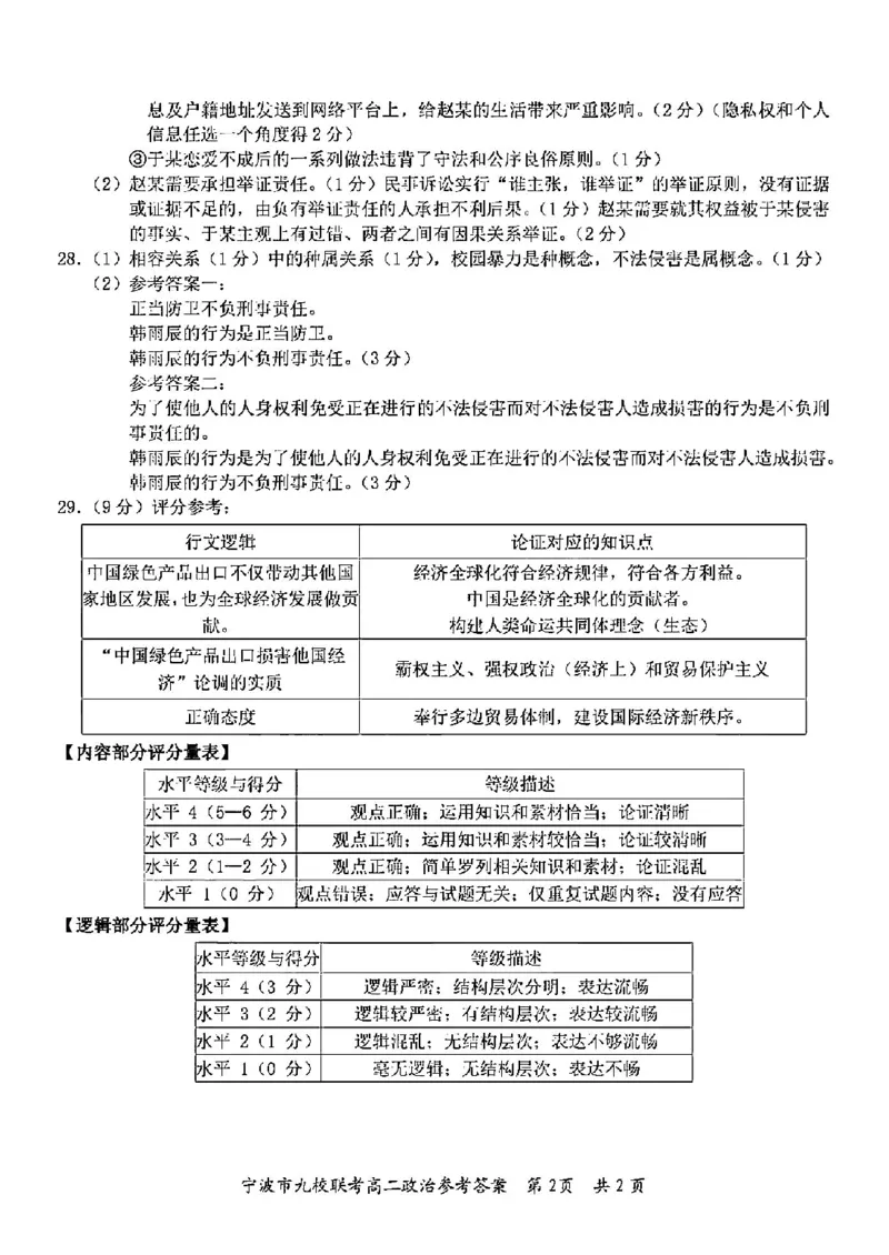 政治答案-2406宁波九校高二期末_2024-2025高二（7-7月题库）_2024年07月试卷_0703浙江省宁波市九校2023-2024学年高二下学期6月期末_浙江省宁波市九校2023-2024学年高二下学期6月期末政治
