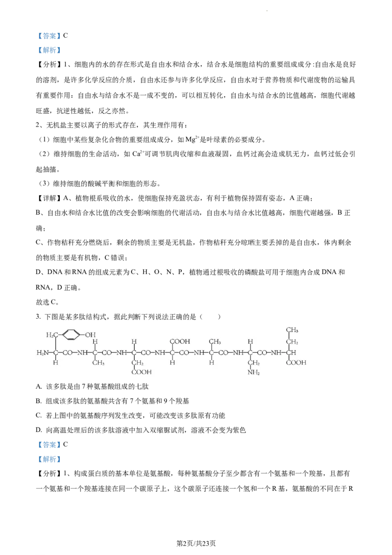 精品解析：辽宁省丹东市2023-2024学年高三11月阶段测试生物试题（解析版）(1)_2023年11月_0211月合集_2024届辽宁省丹东市高三11月总复习阶段测试