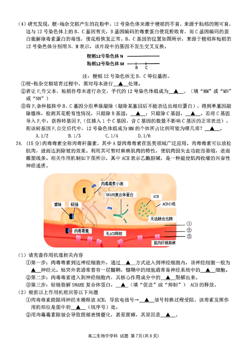 扫描件_高二年级生物学科试题_2024-2025高二（7-7月题库）_2024年12月试卷_1224浙江北斗星盟阶段性联考2024-2025学年高二联考试题