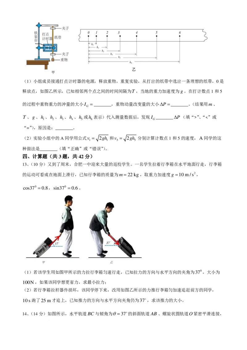 安徽省合肥市第一中学2024-2025学年高三上学期期中教学质量检测物理试卷+答案_2024-2025高三（6-6月题库）_2024年11月试卷_1107安徽省合肥市第一中学2024-2025学年高三上学期期中教学质量