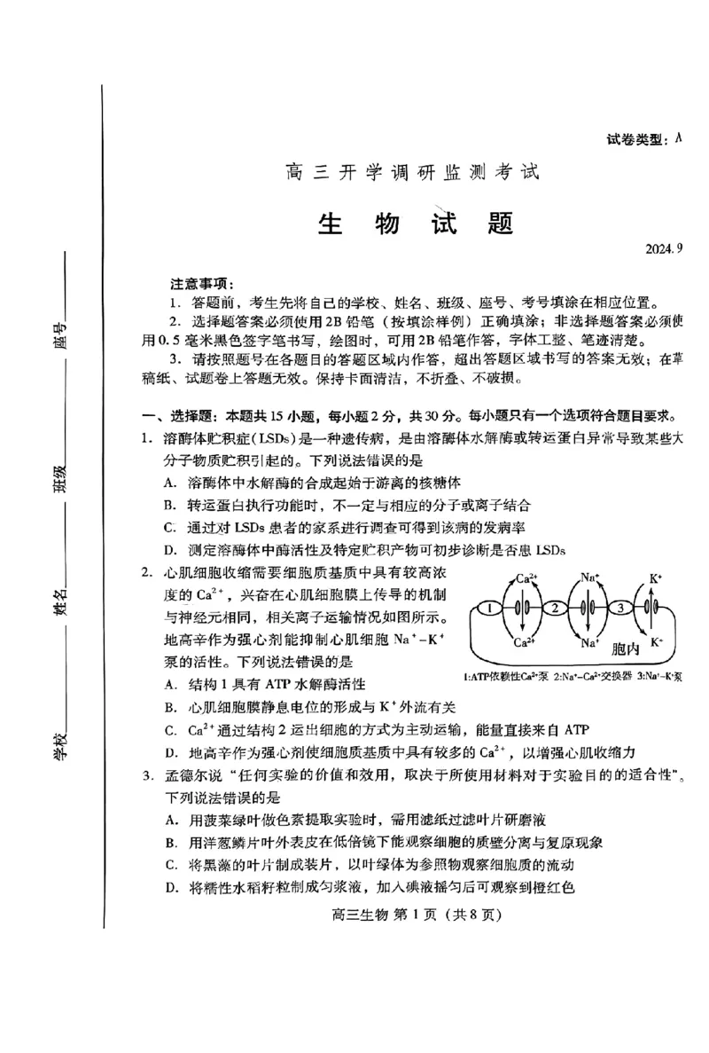 山东省潍坊市2025届高三开学调研监测考试生物+答案_2024-2025高三（6-6月题库）_2024年09月试卷_0905山东省潍坊市2025届高三开学调研监测考试