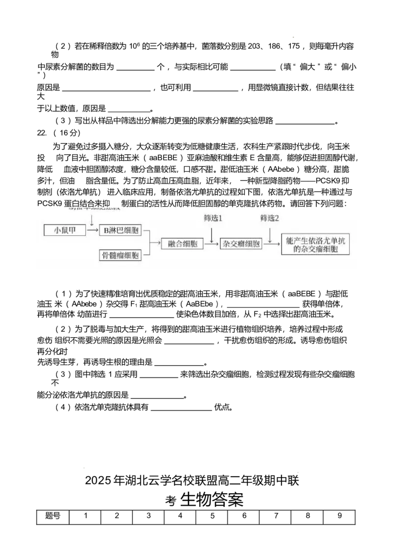 湖北云学名校联盟2024-2025学年高二下学期4月期中联考生物试卷（有答案）_2024-2025高二（7-7月题库）_2025年05月试卷_0501湖北省云学名校联盟2024-2025学年高二下学期4月期中联考