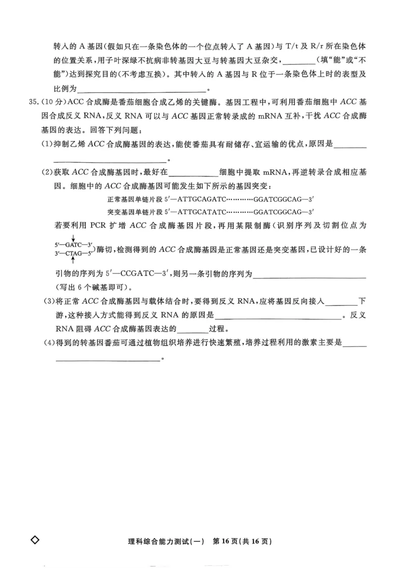 衡水名师卷&middot;2023-2024高考模拟压轴卷(一)理综含解析(1)_2024年5月_025月合集_2024届衡水名师卷&middot;高考模拟压轴卷（一）