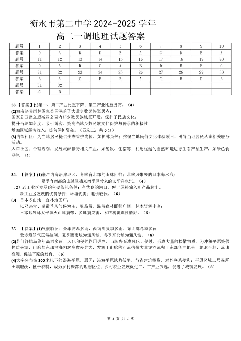 地理高二地理答案_2024-2025高二（7-7月题库）_2025年03月试卷_0322河北省衡水市第二中学2024-2025学年高二下学期第一次调研考试