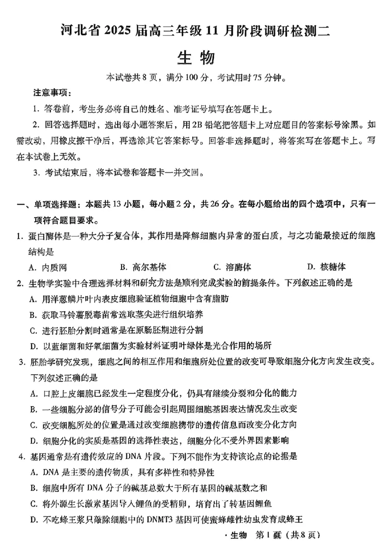 河北省2024-2025学年高三上学期11月阶段调研检测二生物_2024-2025高三（6-6月题库）_2024年11月试卷_1107河北省2024-2025学年高三上学期11月阶段调研检测二