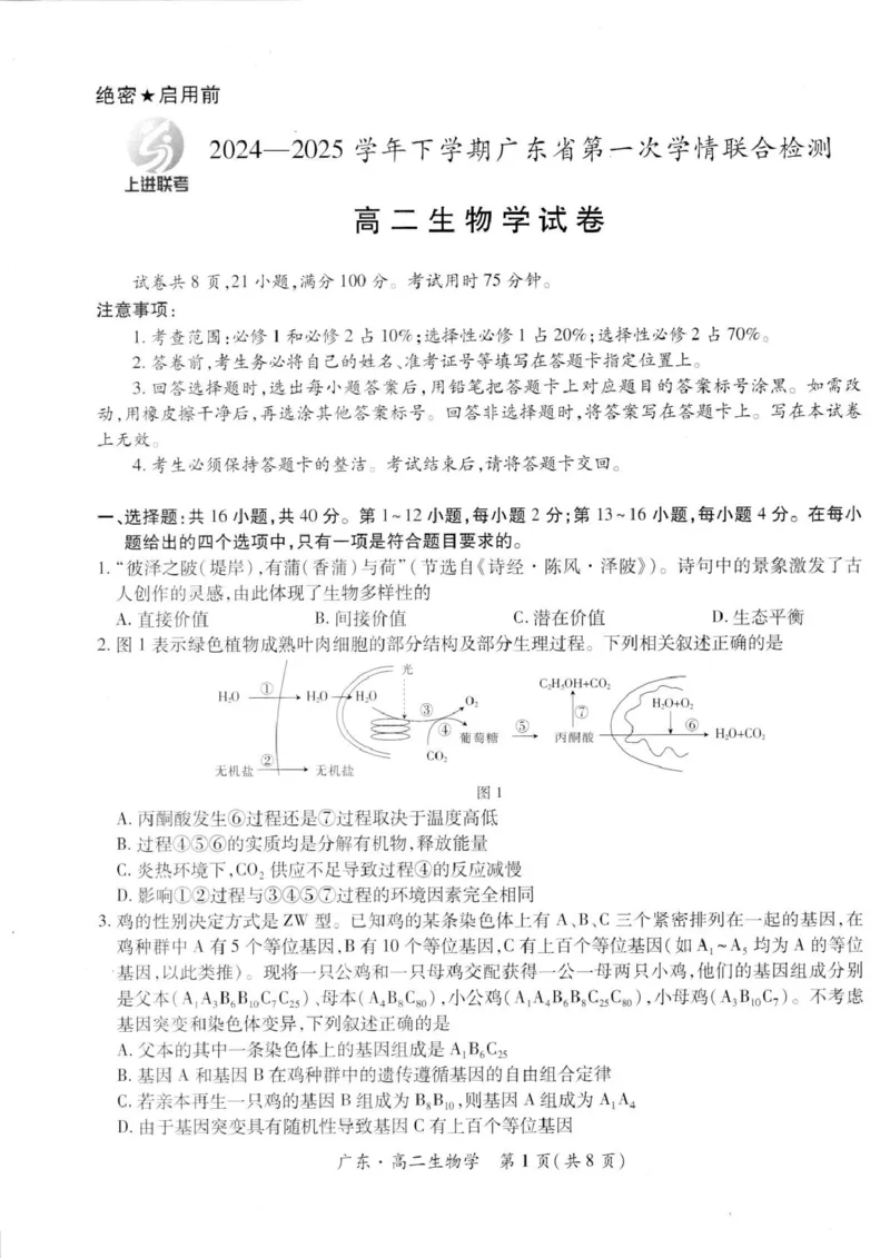 广东省2024-2025学年高二下学期第一次学情联合检测生物学试卷（PDF版，无答案）_2024-2025高二（7-7月题库）_2025年04月试卷(1)_0405广东省部分校2024-2025学年高二下学期第一次学情联合检测