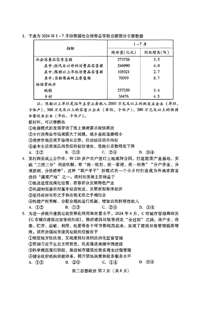 山东省潍坊市2025届高三开学调研监测考试政治+答案_2024-2025高三（6-6月题库）_2024年09月试卷_0905山东省潍坊市2025届高三开学调研监测考试