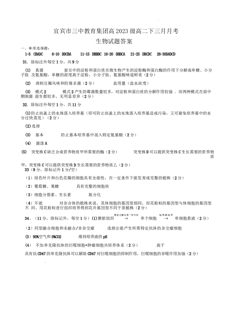 四川省宜宾市第三中学校2024-2025学年高二下学期3月月考生物试卷（有答案）_2025年04月试卷_0416四川省宜宾市第三中学校2024-2025学年高二下学期3月月考