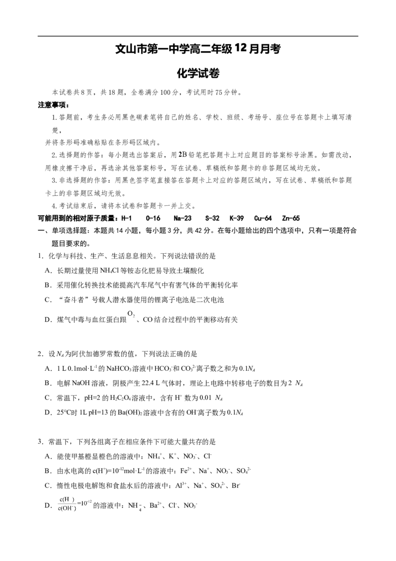 文山市第一中学高二年级12月月考化学试卷_2024-2025高二（7-7月题库）_2026年1月高二_260103云南省文山壮族苗族自治州文山市第一中学2025-2026学年高二上学期12月月考（全）