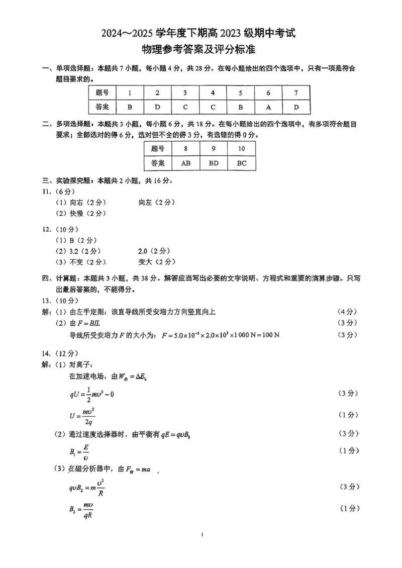 四川省川南地区名校2024-2025学年高二下学期4月期中物理试卷（PDF版，含解析）_2024-2025高二（7-7月题库）_2025年6月试卷_0602四川省川南地区名校2024-2025学年高二下学期4月期中考试