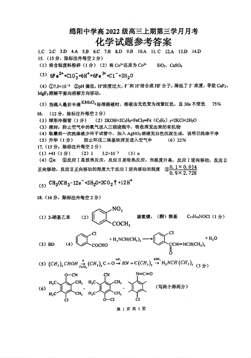 四川省绵阳中学2024-2025学年高三上学期12月月考化学试题_2024-2025高三（6-6月题库）_2024年12月试卷_1216四川省绵阳中学2024-2025学年高三上学期12月月考