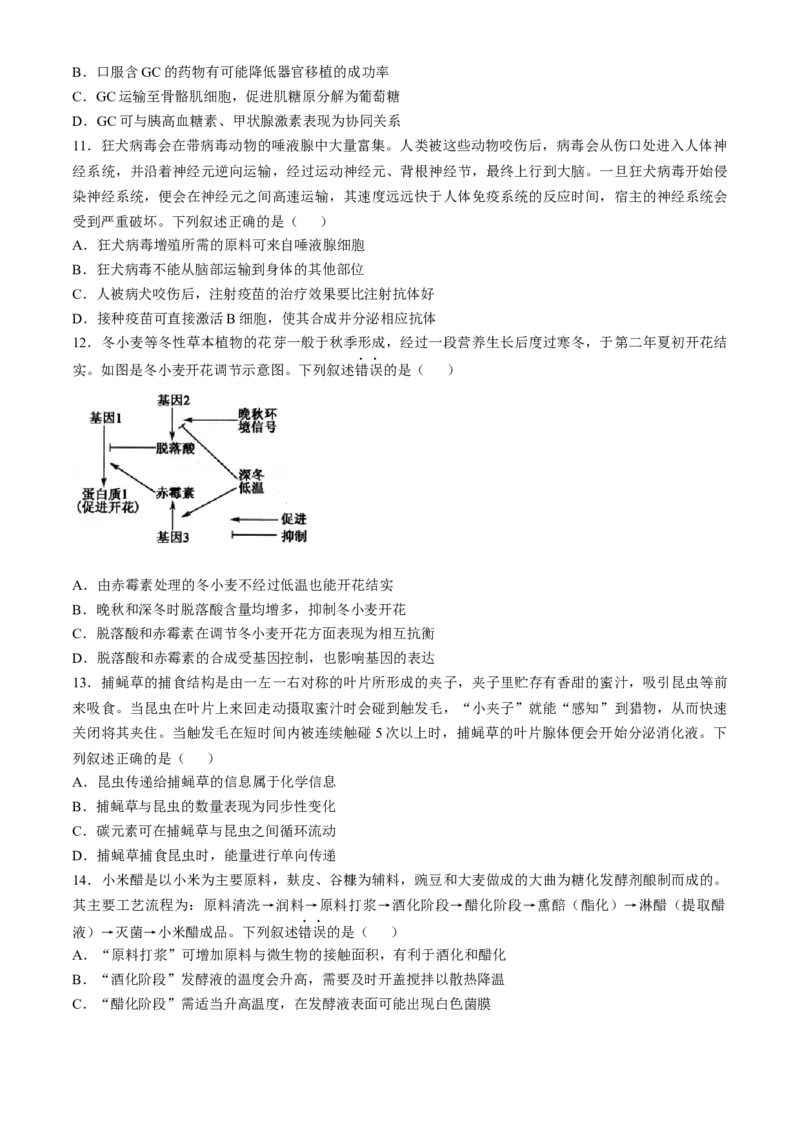山西三晋卓越联盟2024-2025学年高三12月质量检测卷（25-X-213C）生物试题_2024-2025高三（6-6月题库）_2024年12月试卷_1224山西三晋卓越联盟2024-2025学年高三12月质量检测卷（25-X-213C）