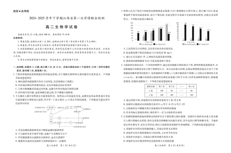 江西省多校联考2024-2025学年高二下学期3月月考生物试题_2024-2025高二（7-7月题库）_2025年03月试卷_0316江西省多校联考2024-2025学年高二下学期3月月考