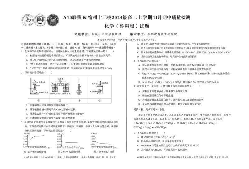 化学A10联盟＆宿州十三校2024级高二上学期11月期中质量检测化学（鲁科版）_2025年11月高二试卷_251124安徽省A10联盟＆宿州十三校2024级高二上学期11月期中质量检测（全）