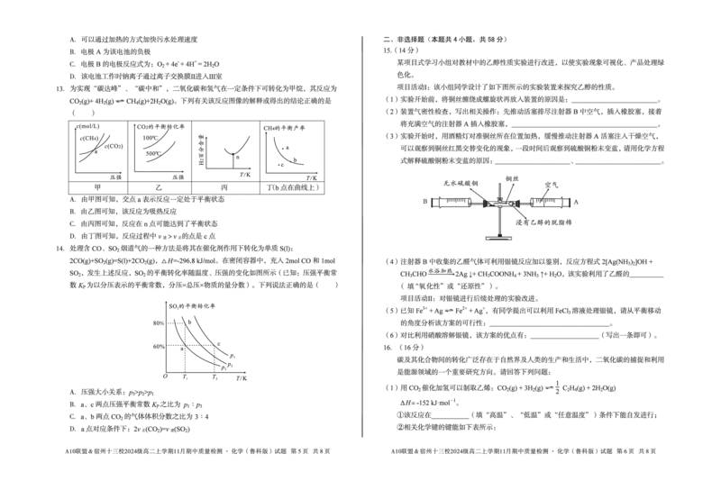 化学A10联盟＆宿州十三校2024级高二上学期11月期中质量检测化学（鲁科版）_2025年11月高二试卷_251124安徽省A10联盟＆宿州十三校2024级高二上学期11月期中质量检测（全）