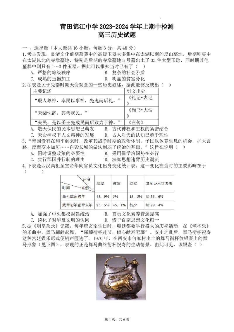 福建省莆田锦江中学2023-2024学年高三上学期期中考试历史(1)_2023年11月_01每日更新_23号_2024届福建省莆田锦江中学高三上学期期中考试