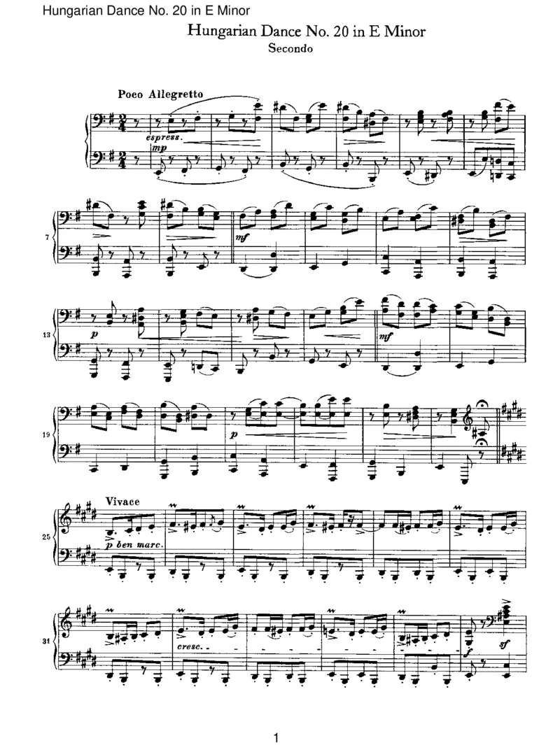 HungarianDanceNo.20inEMinor_一万首著名钢琴曲谱哈农贝多芬合集视频教学电子版高清无水印可打印_1古典钢琴知名音乐家谱_勃拉姆斯钢琴谱全集_VI.PianoWorksforFourHands