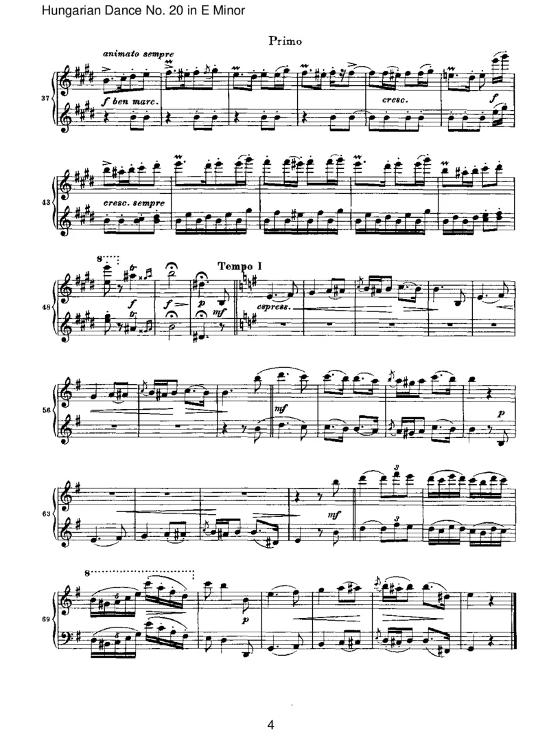 HungarianDanceNo.20inEMinor_一万首著名钢琴曲谱哈农贝多芬合集视频教学电子版高清无水印可打印_1古典钢琴知名音乐家谱_勃拉姆斯钢琴谱全集_VI.PianoWorksforFourHands