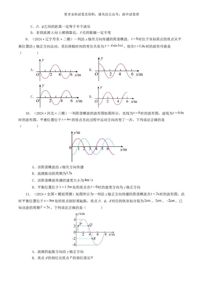 专题15机械波好题汇编2024年高考真题和模拟题物理分类汇编（原卷版）_2024-2025高三（6-6月题库）_2024年07月试卷_2407172024年高考物理真题和模拟题分类汇编（全国通用）