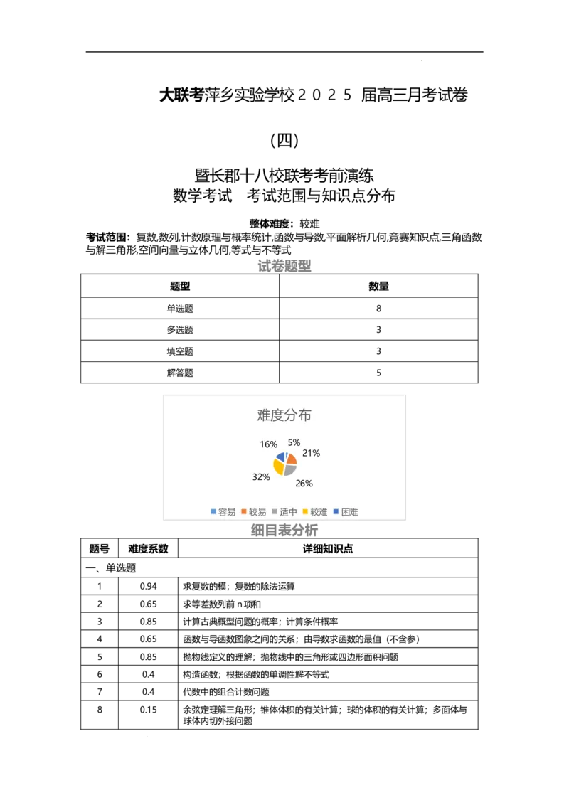 数学知识细目表_2024-2025高三（6-6月题库）_2024年11月试卷_1126江西省萍乡实验学校2025届高三月考试卷(四)暨长郡十八校联考考前演练
