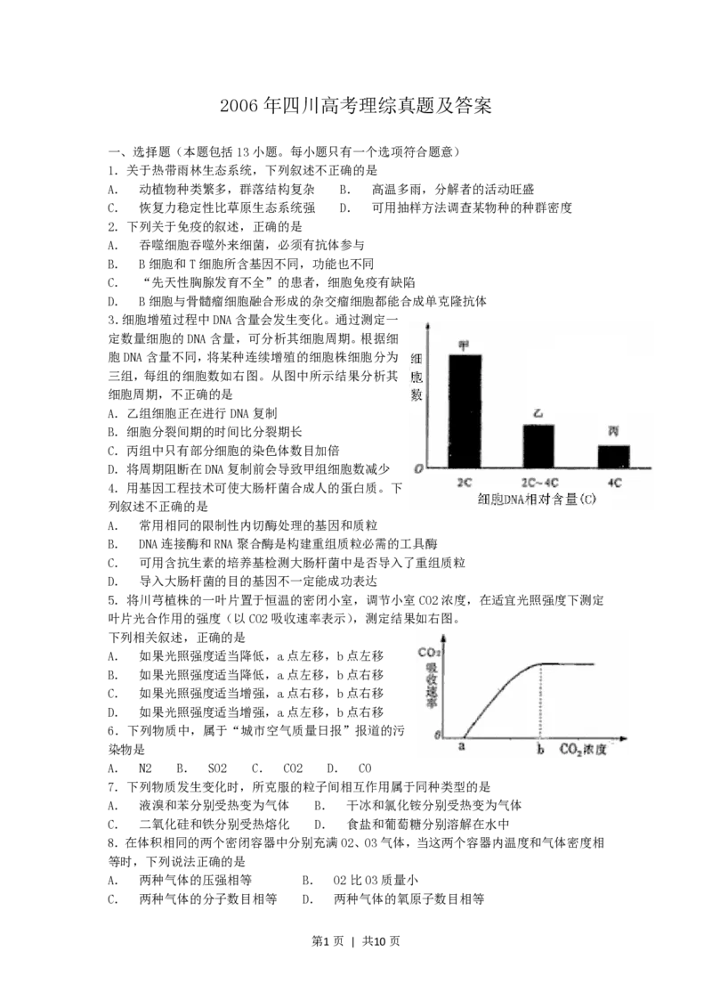 2006年四川高考理综真题及答案_化学高考真题试卷_旧1990-2007&middot;高考化学真题_1990-2007&middot;高考化学真题&middot;PDF_2001-2007年各地理综历年真题_四川