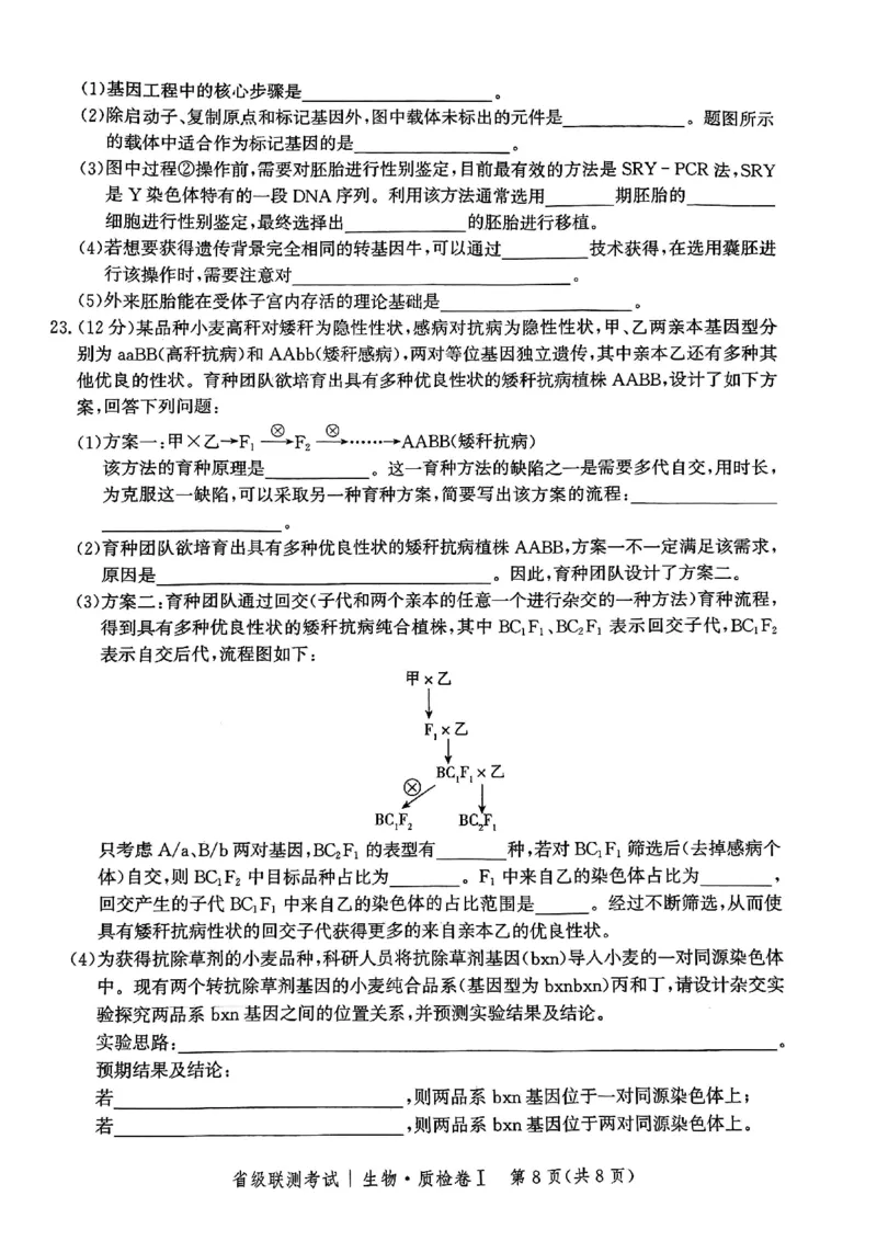 河北省省级联考2024-2025学年高三上学期1月期末生物试题_2024-2025高三（6-6月题库）_2025年01月试卷_0107河北省省级联考2025届高三上学期1月期末考试（全科）