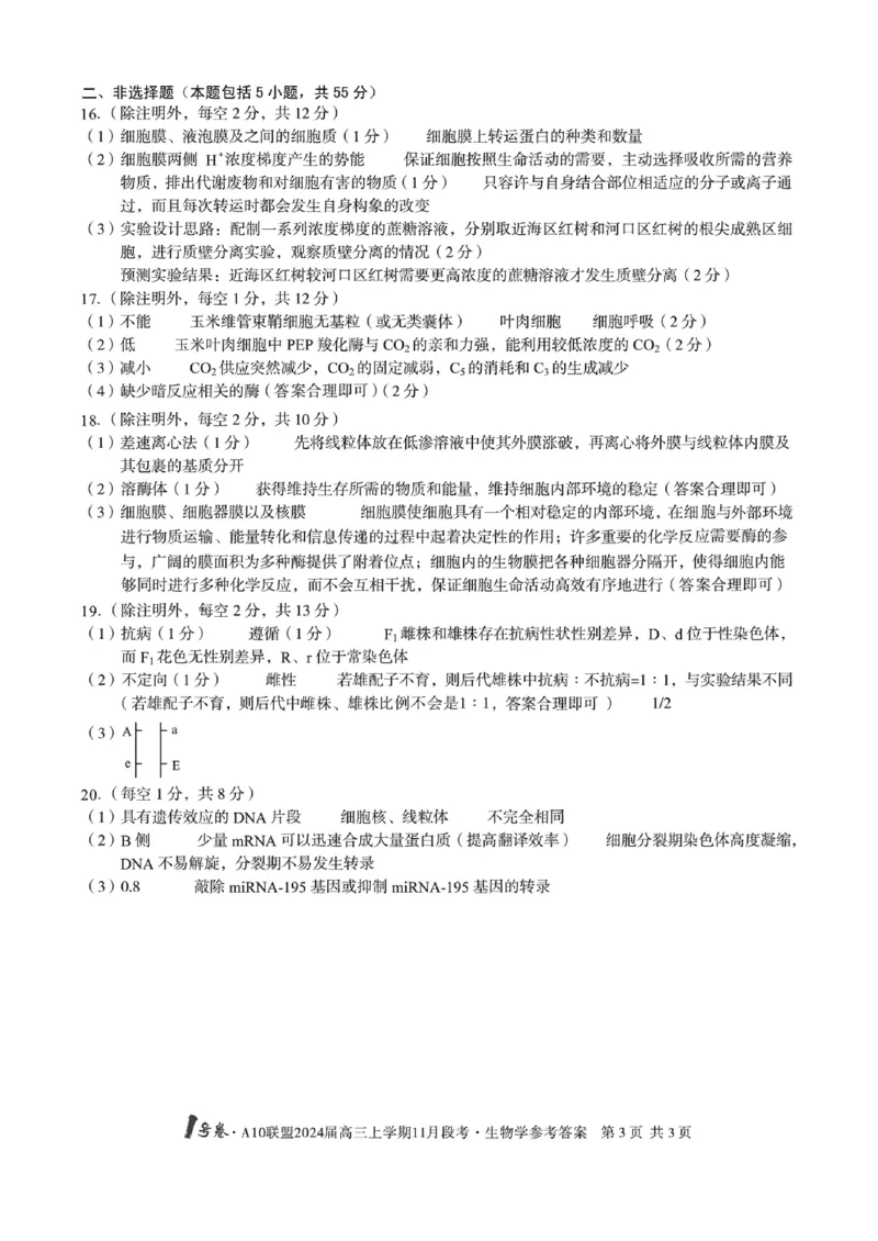 生物学参考答案(1)_2023年11月_0211月合集_2024届安徽省A10联盟高三上学期11月段考_安徽省A10联盟2024届高三上学期11月段考生物