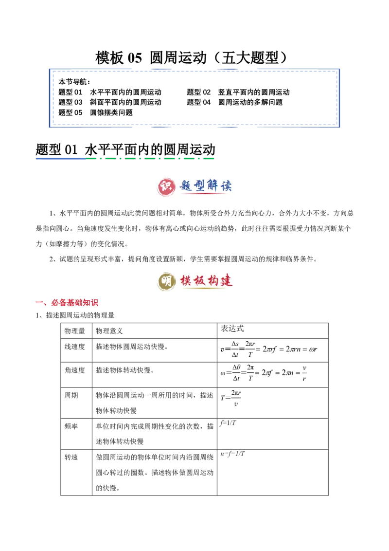 模板05圆周运动（五大题型）（原卷版）_2024-2025高三（6-6月题库）_2025年01月试卷_01012025年高考物理答题技巧与模板构建