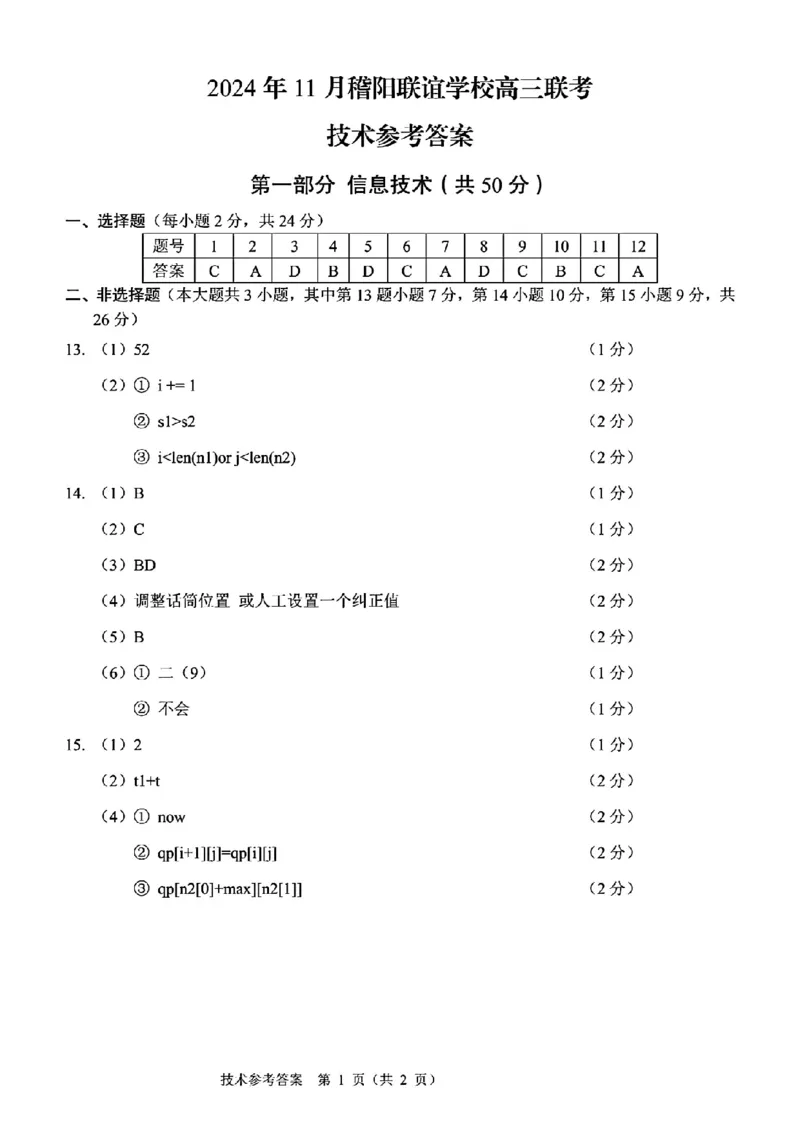 技术参考答案_2024-2025高三（6-6月题库）_2024年11月试卷_1128浙江省稽阳联谊学校2024-2025学年高三上学期11月联考（全科）_浙江省稽阳联谊学校2024-2025学年高三上学期11月联考技术