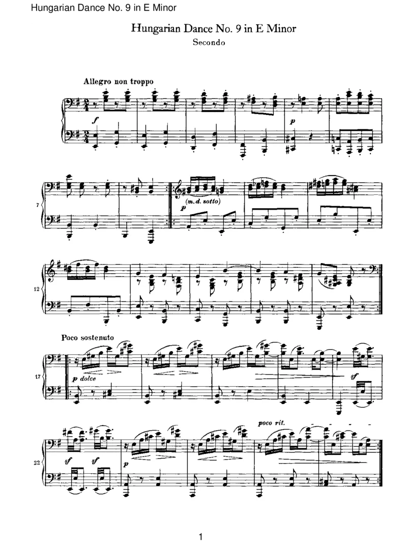 HungarianDanceNo.9inEMinor_一万首著名钢琴曲谱哈农贝多芬合集视频教学电子版高清无水印可打印_1古典钢琴知名音乐家谱_勃拉姆斯钢琴谱全集_VI.PianoWorksforFourHands