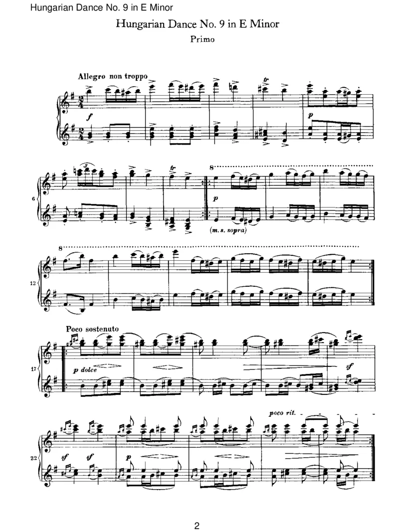 HungarianDanceNo.9inEMinor_一万首著名钢琴曲谱哈农贝多芬合集视频教学电子版高清无水印可打印_1古典钢琴知名音乐家谱_勃拉姆斯钢琴谱全集_VI.PianoWorksforFourHands