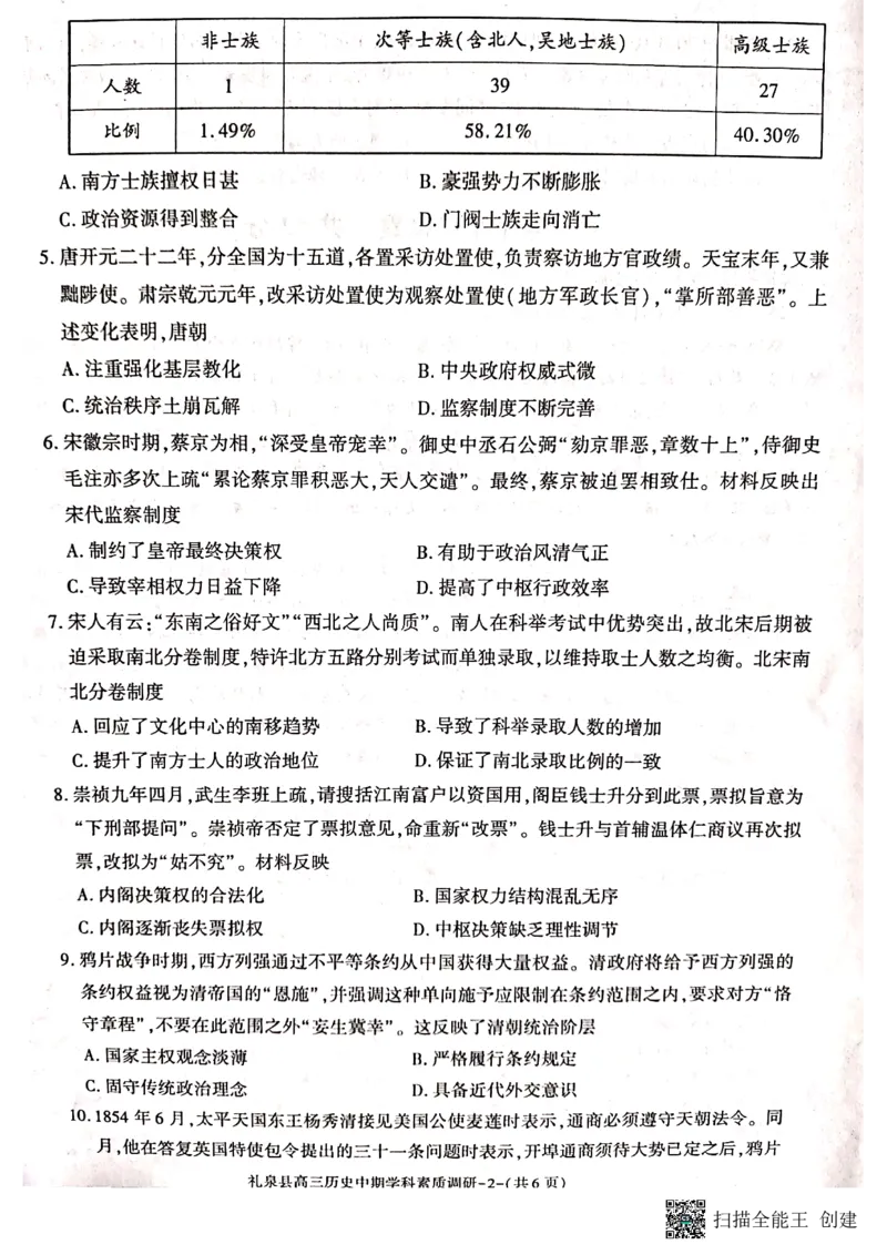 咸阳市礼泉县2023-2024学年度第一学期中期学科素质调研历史(1)_2023年11月_0211月合集_2024届陕西省咸阳市礼泉县第一学期中期学科素质调研