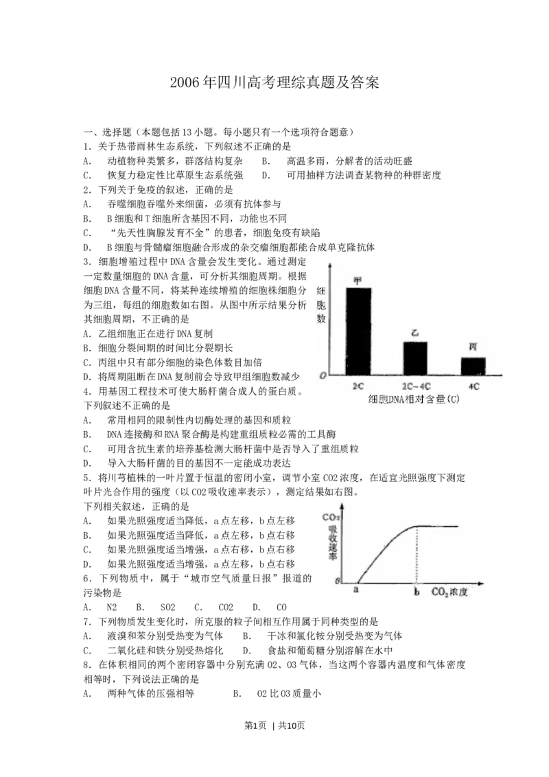 2006年四川高考理综真题及答案_化学高考真题试卷_旧1990-2007&middot;高考化学真题_1990-2007&middot;高考化学真题&middot;word_2001-2007年各地理综历年真题_四川