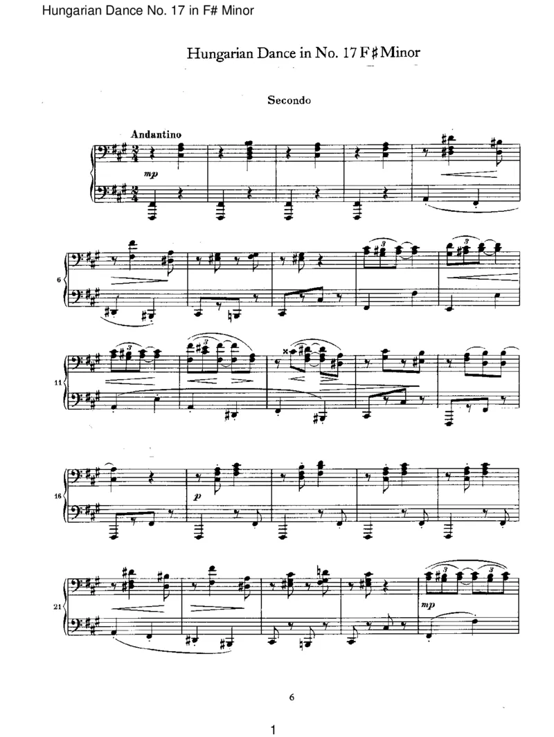 HungarianDanceNo.17inF#Minor_一万首著名钢琴曲谱哈农贝多芬合集视频教学电子版高清无水印可打印_1古典钢琴知名音乐家谱_勃拉姆斯钢琴谱全集_VI.PianoWorksforFourHands