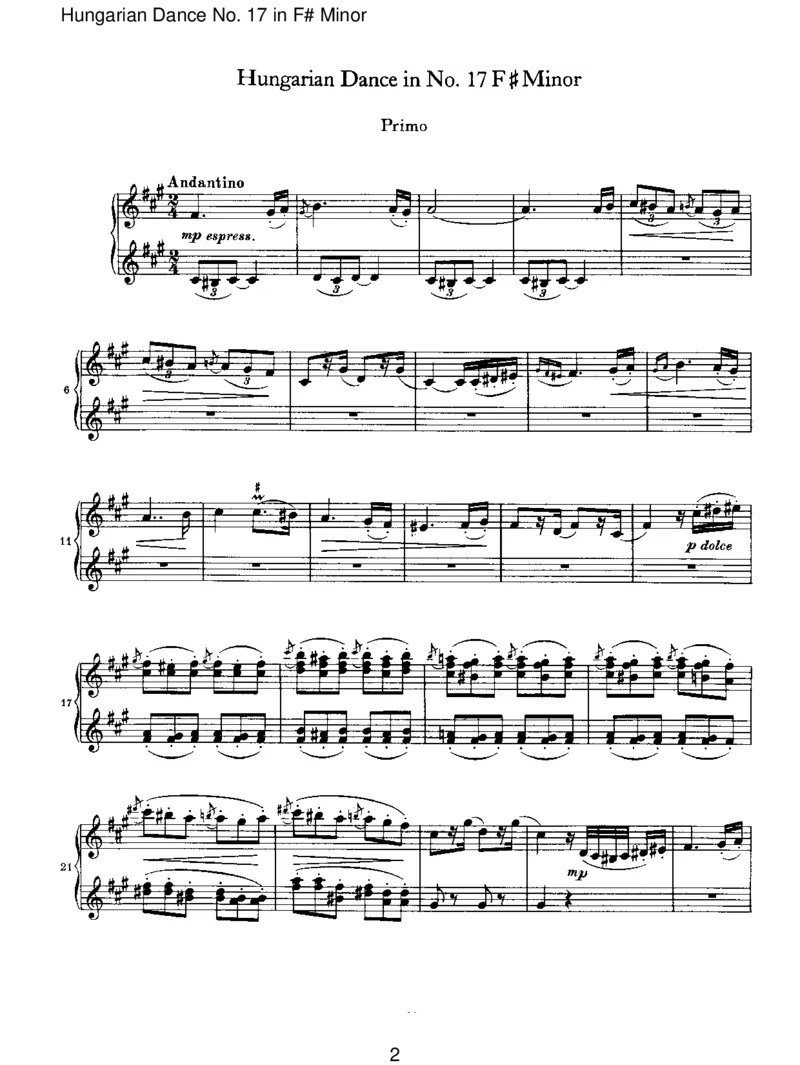 HungarianDanceNo.17inF#Minor_一万首著名钢琴曲谱哈农贝多芬合集视频教学电子版高清无水印可打印_1古典钢琴知名音乐家谱_勃拉姆斯钢琴谱全集_VI.PianoWorksforFourHands